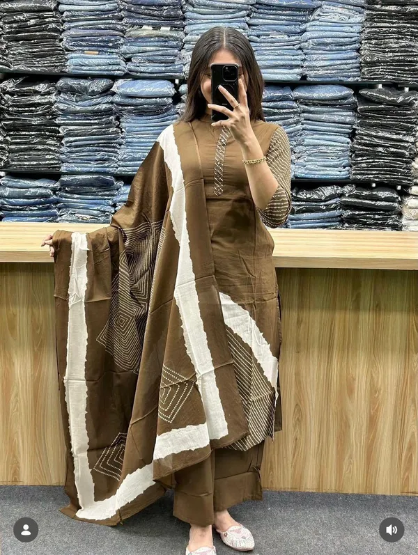 Brown_Embroidered_Cotton_Kurta_Set_With_Dupatta_For_Women
