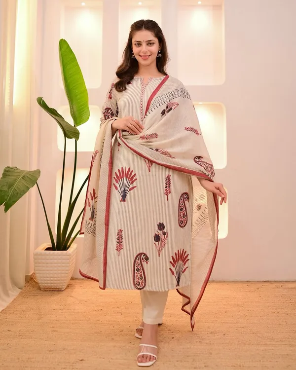 Beige_Striped_Embroidered_Kurta_Set_With_Dupatta_For_Women