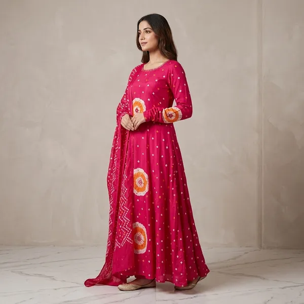 Pink_Bandhani_Anarkali_Kurta_Set_For_Women