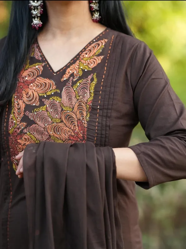 Brown_Embroidered_Cotton_Kurta_Set_With_Dupatta_For_Women