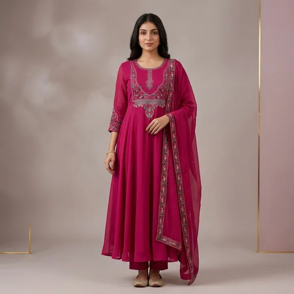 Magenta_Georgette_Embroidered_Anarkali_Kurta_Set_For_Women