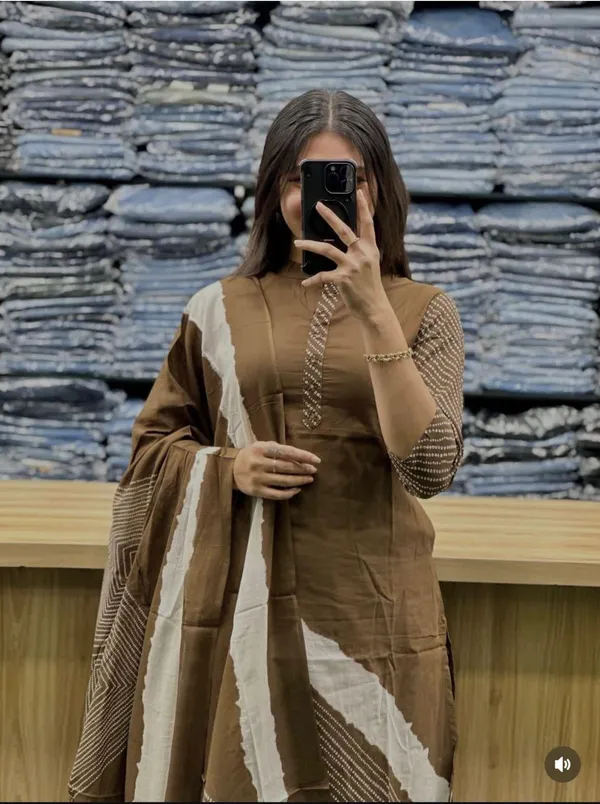 Brown_Embroidered_Cotton_Kurta_Set_With_Dupatta_For_Women