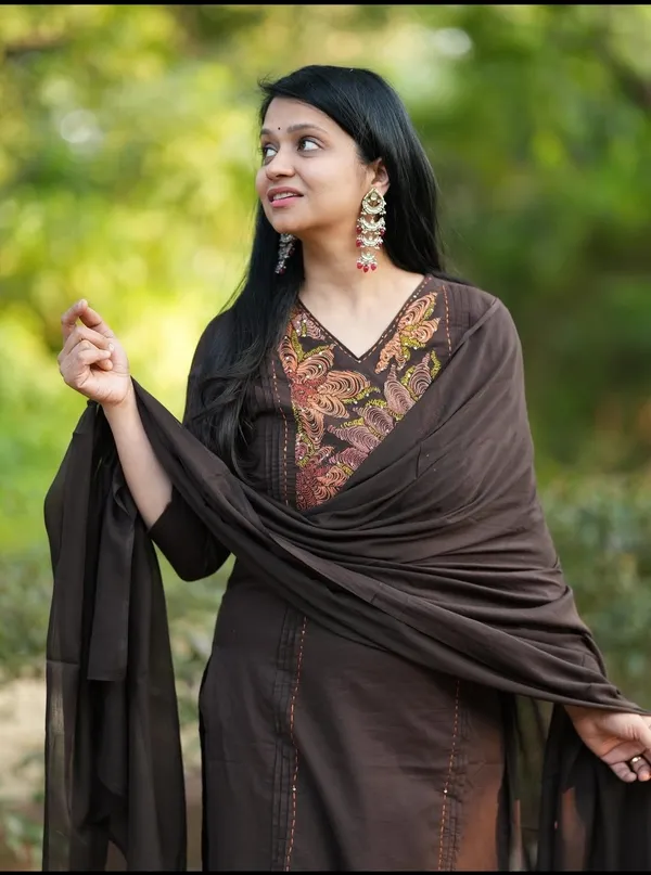 Brown_Embroidered_Cotton_Kurta_Set_With_Dupatta_For_Women