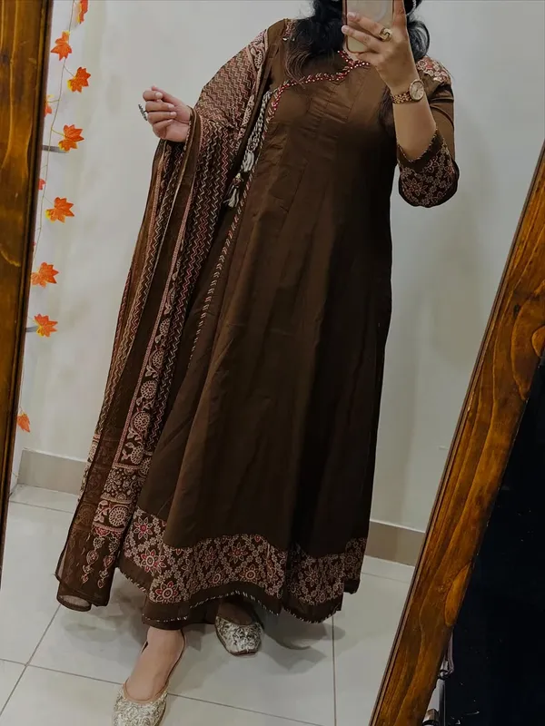 Brown_Embroidered_Anarkali_Suit_Set_With_Printed_Dupatta