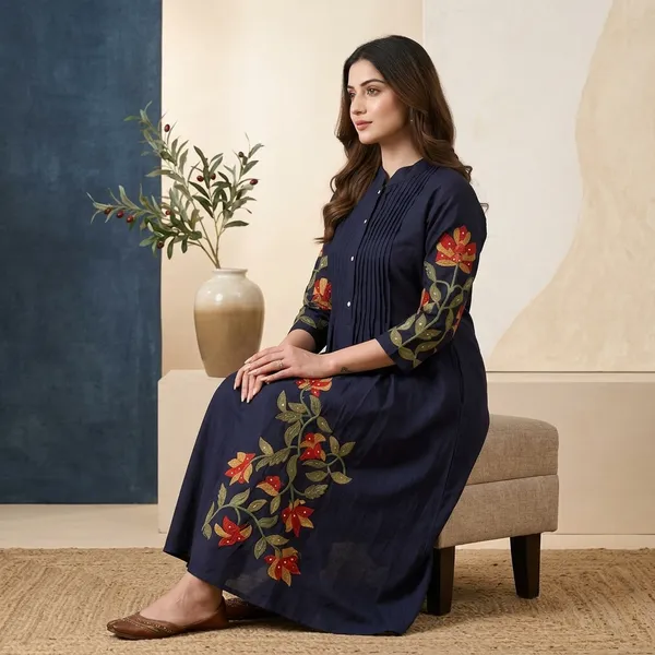 Navy_Blue_Floral_Embroidered_A-Line_Kurta_For_Women