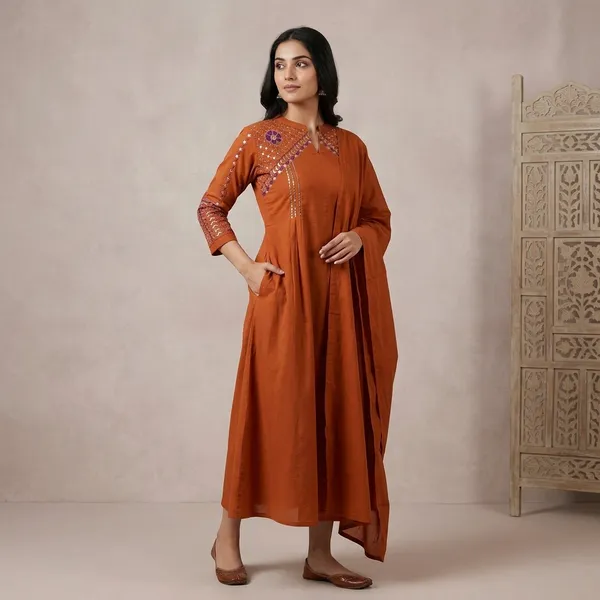 Orange_Embroidered_Cotton_Anarkali_Kurta_Set_For_Women