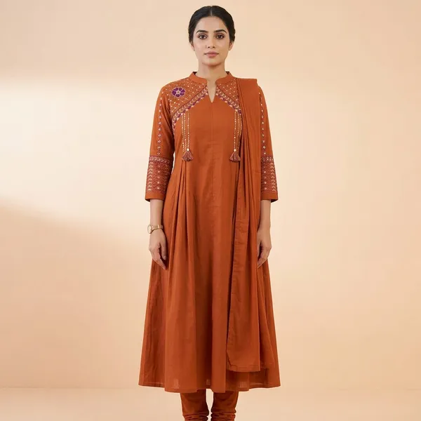 Orange_Embroidered_Cotton_Anarkali_Kurta_Set_For_Women