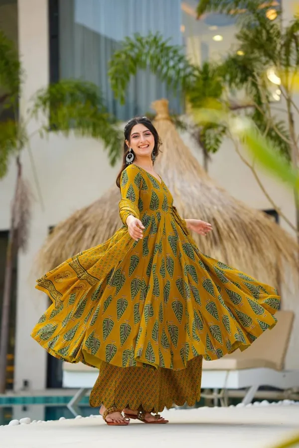 Mustard_Yellow_Leaf_Print_Anarkali_Kurta_Set_For_Women