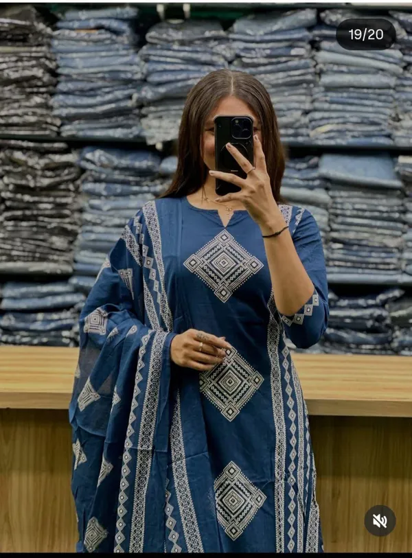 Blue_Geometric_Embroidered_Cotton_Kurta_Set_With_Dupatta_For_Women