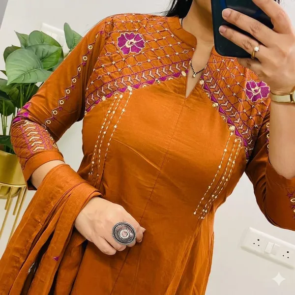 Orange_Embroidered_Cotton_Anarkali_Kurta_Set_For_Women