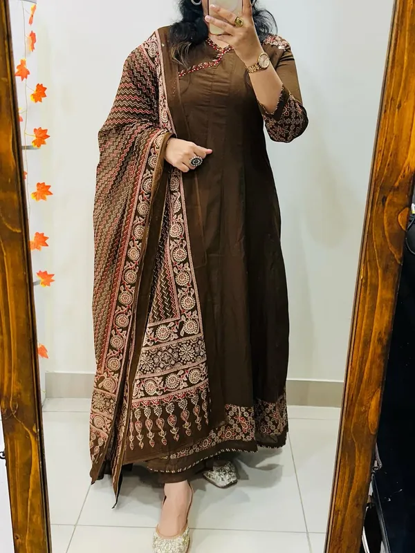 Brown_Embroidered_Anarkali_Suit_Set_With_Printed_Dupatta