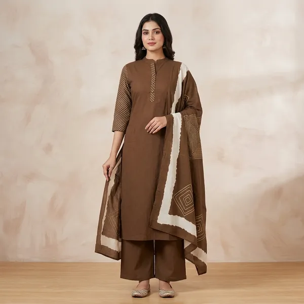 Brown_Embroidered_Cotton_Kurta_Set_With_Dupatta_For_Women