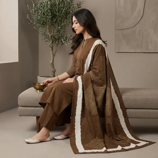 Brown_Embroidered_Cotton_Kurta_Set_With_Dupatta_For_Women