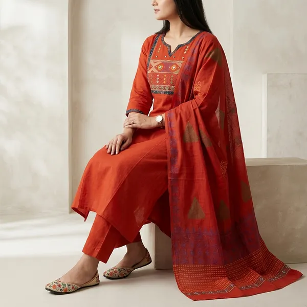 Red_Cotton_Embroidered_Ethnic_Kurta_Set_For_Women