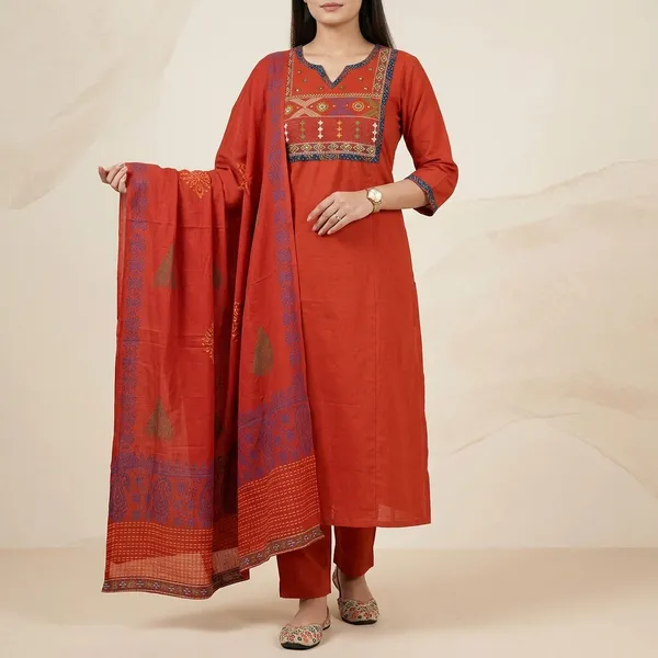 Red_Cotton_Embroidered_Ethnic_Kurta_Set_For_Women