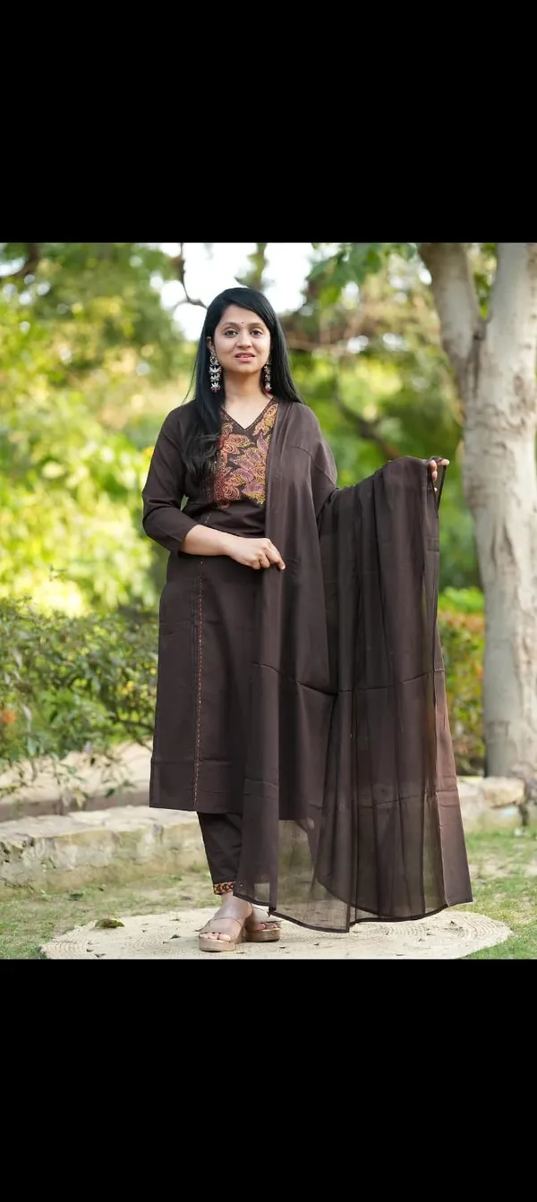 Brown_Embroidered_Cotton_Kurta_Set_With_Dupatta_For_Women
