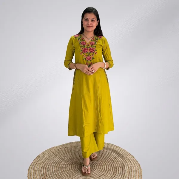 Mustard_Yellow_Embroidered_Floral_Kurta_Set_For_Women