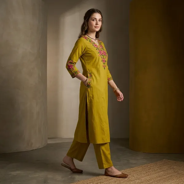 Mustard_Yellow_Embroidered_Floral_Kurta_Set_For_Women