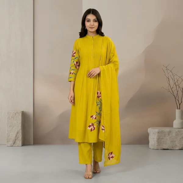 Yellow_Embroidered_Floral_Kurta_Set_For_Women