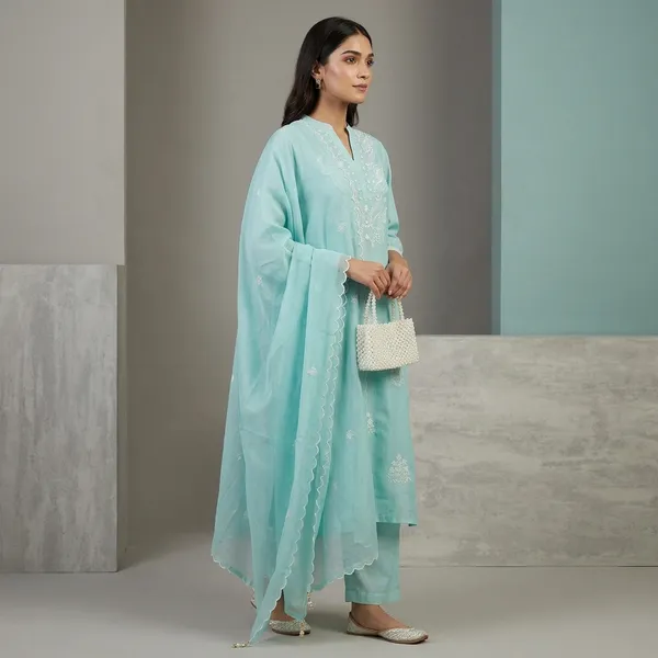 Aqua_Blue_Embroidered_Kurta_Set_For_Women