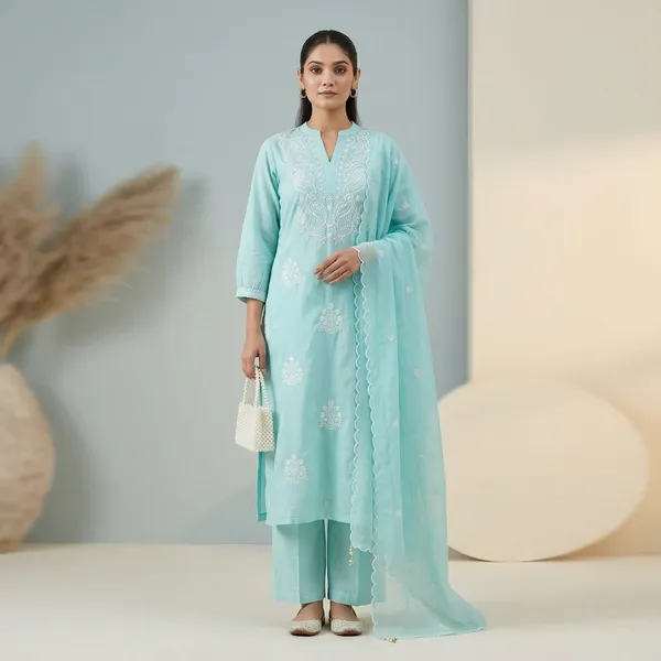 Aqua_Blue_Embroidered_Kurta_Set_For_Women