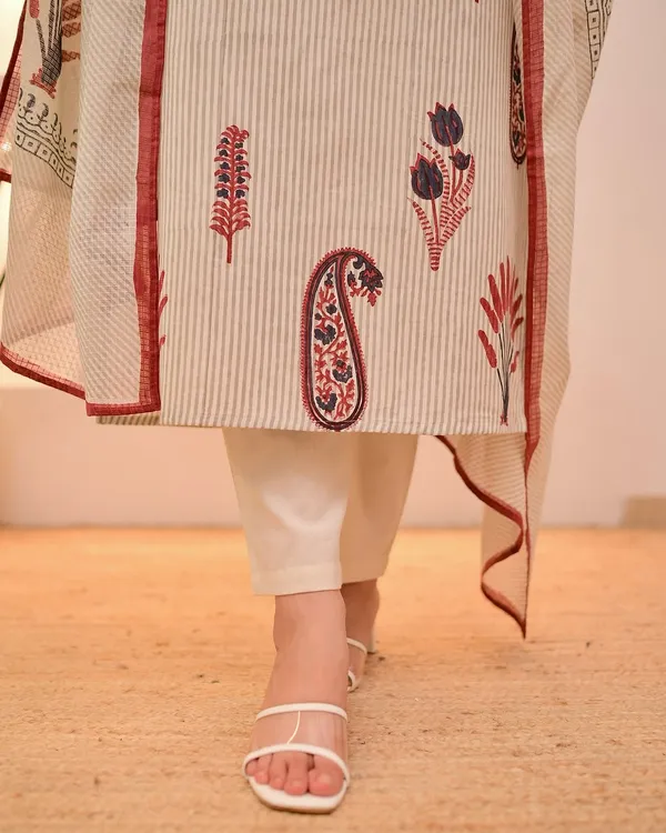 Beige_Striped_Embroidered_Kurta_Set_With_Dupatta_For_Women