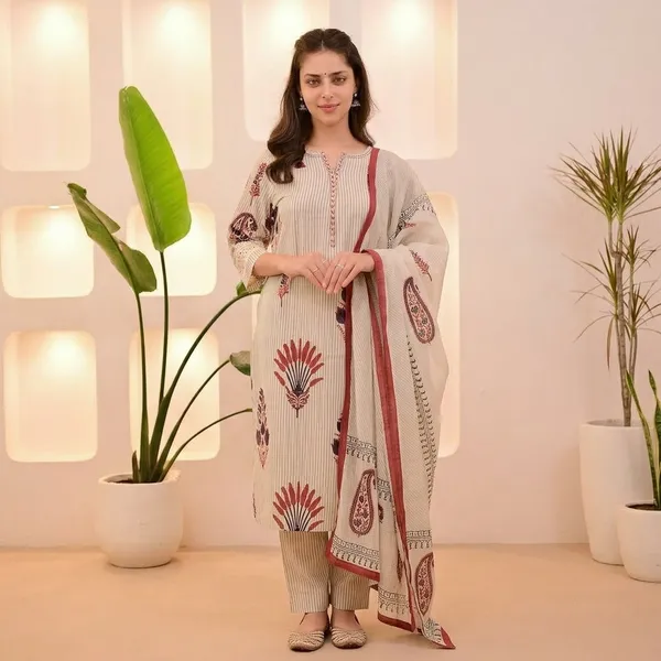 Beige_Striped_Embroidered_Kurta_Set_With_Dupatta_For_Women