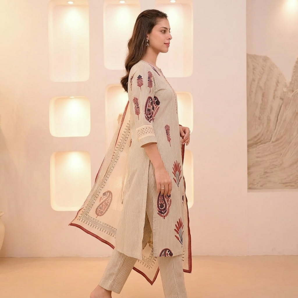 Beige_Striped_Embroidered_Kurta_Set_With_Dupatta_For_Women