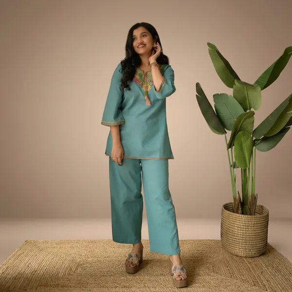 Turquoise_Cotton_Embroidered_Kurta_Pajama_Set_For_Women