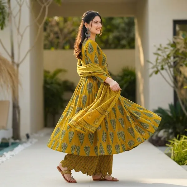 Mustard_Yellow_Leaf_Print_Anarkali_Kurta_Set_For_Women