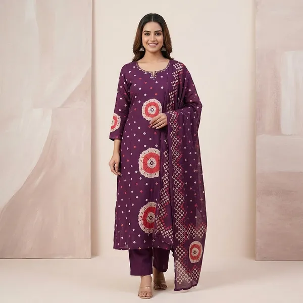 Purple_Bandhani_Print_Kurti_Dupatta_Set_For_Women