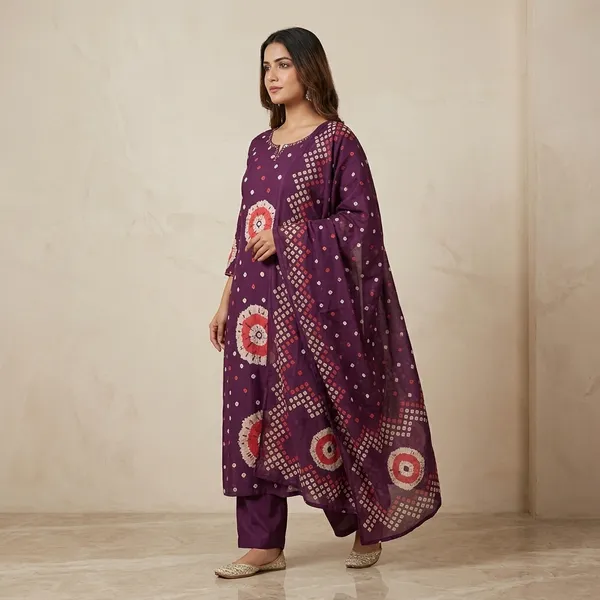 Purple_Bandhani_Print_Kurti_Dupatta_Set_For_Women