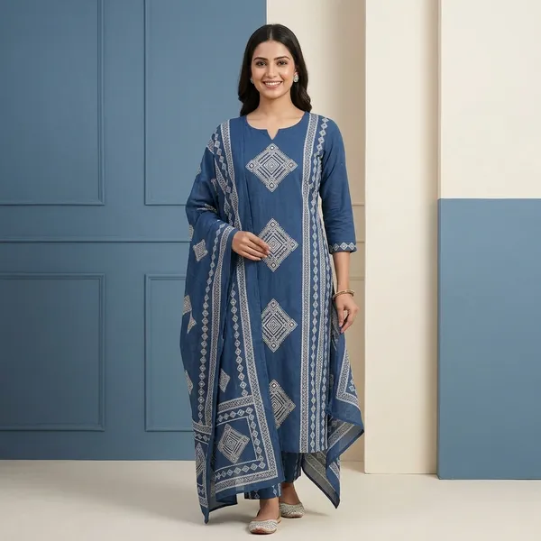 Blue_Geometric_Embroidered_Cotton_Kurta_Set_With_Dupatta_For_Women