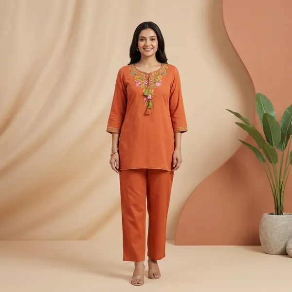 Orange_Embroidered_Ethnic_Kurta_Pyjama_Set_For_Women