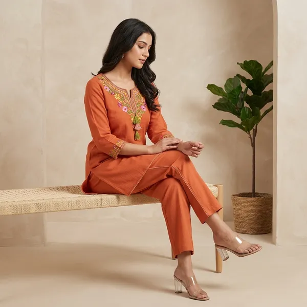 Orange_Embroidered_Ethnic_Kurta_Pyjama_Set_For_Women