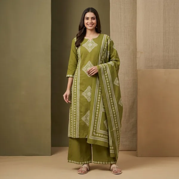 Olive_Green_Embroidered_Cotton_Kurta_Set_For_Women