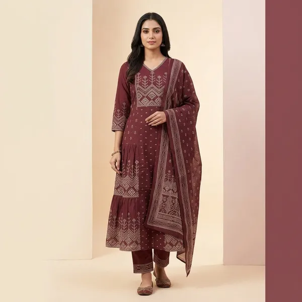 Maroon_Printed_Cotton_Kurta_Set_With_Dupatta_For_Women