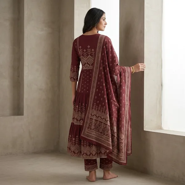 Maroon_Printed_Cotton_Kurta_Set_With_Dupatta_For_Women
