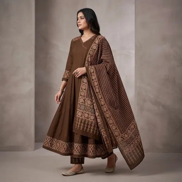 Brown_Embroidered_Anarkali_Suit_Set_With_Printed_Dupatta