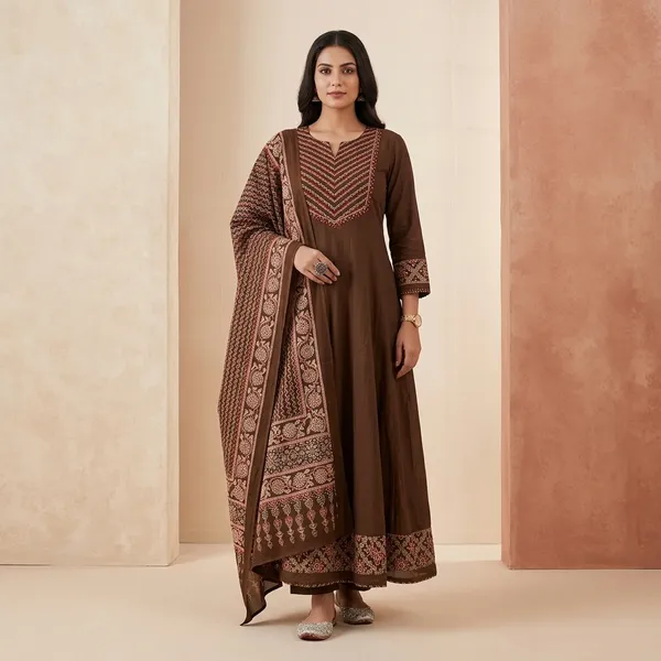 Brown_Embroidered_Anarkali_Suit_Set_With_Printed_Dupatta