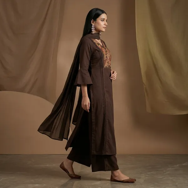 Brown_Embroidered_Cotton_Kurta_Set_With_Dupatta_For_Women