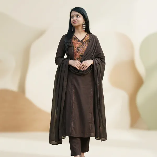 Brown_Embroidered_Cotton_Kurta_Set_With_Dupatta_For_Women
