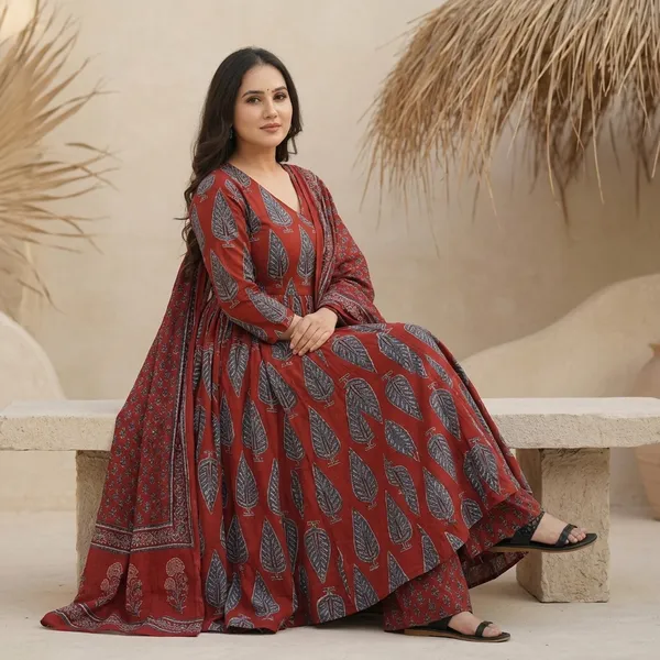 Maroon_Printed_Cotton_Anarkali_Kurta_Set_For_Women