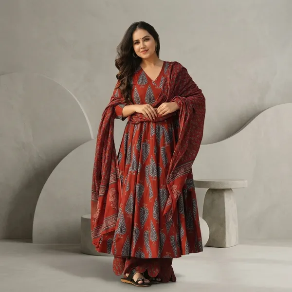 Maroon_Printed_Cotton_Anarkali_Kurta_Set_For_Women