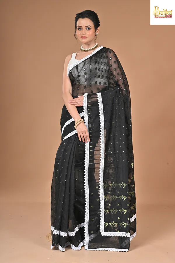 Black_Dimond_Dhakai_Jamdani_Saree_With_White_Lace_Border_For_Women
