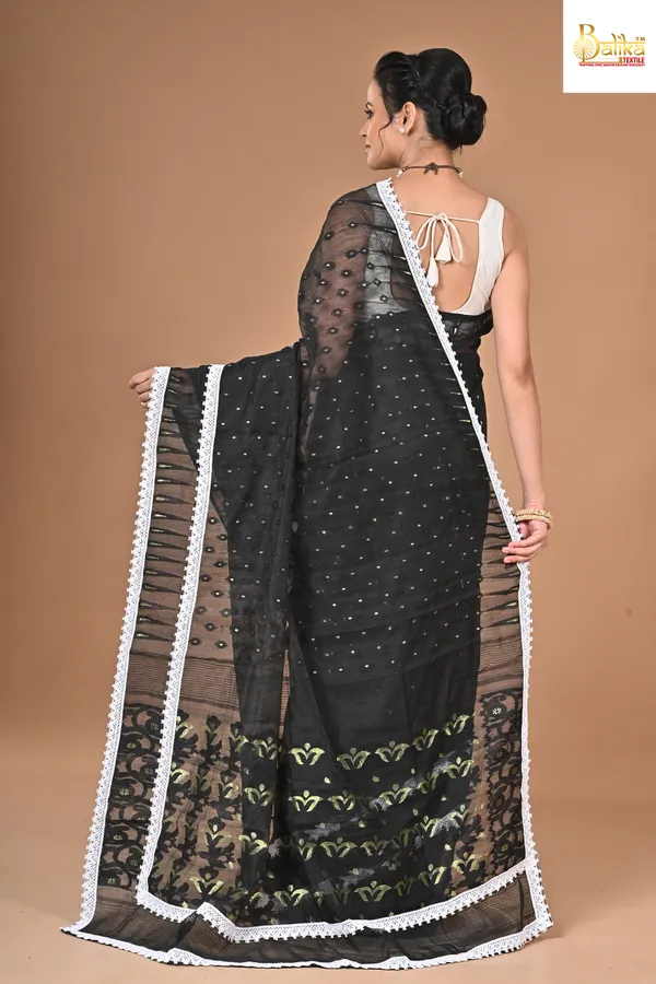 Black_Dimond_Dhakai_Jamdani_Saree_With_White_Lace_Border_For_Women