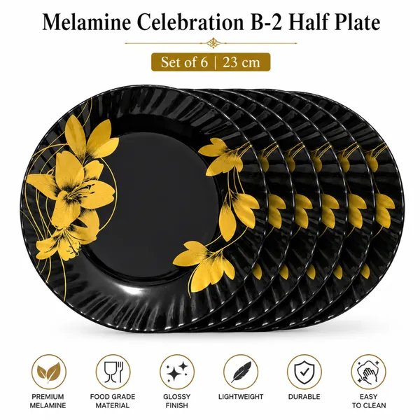Celebrations_B2_Luxury_Melamine_Half_Plate_Set_(6_Pieces)_23_cm_Black_And_Gold_Floral_Dinnerware_Elegant_Designer_Snack_And_Dinner_Plates_Durable,_Glossy_Finish