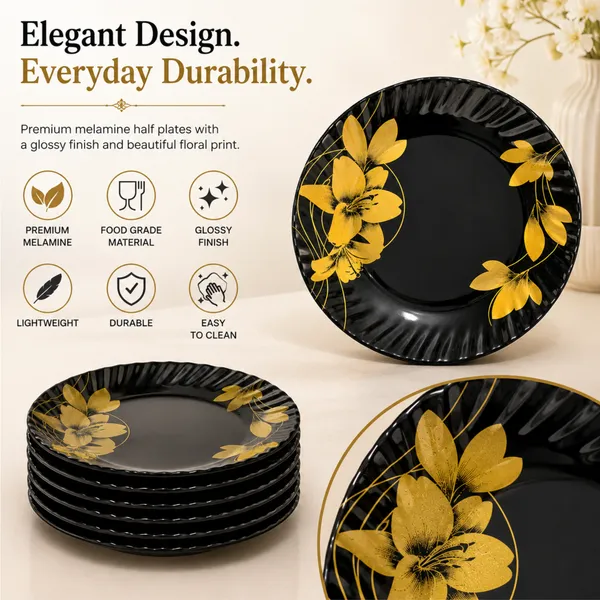 Celebrations_B2_Luxury_Melamine_Half_Plate_Set_(6_Pieces)_23_cm_Black_And_Gold_Floral_Dinnerware_Elegant_Designer_Snack_And_Dinner_Plates_Durable,_Glossy_Finish