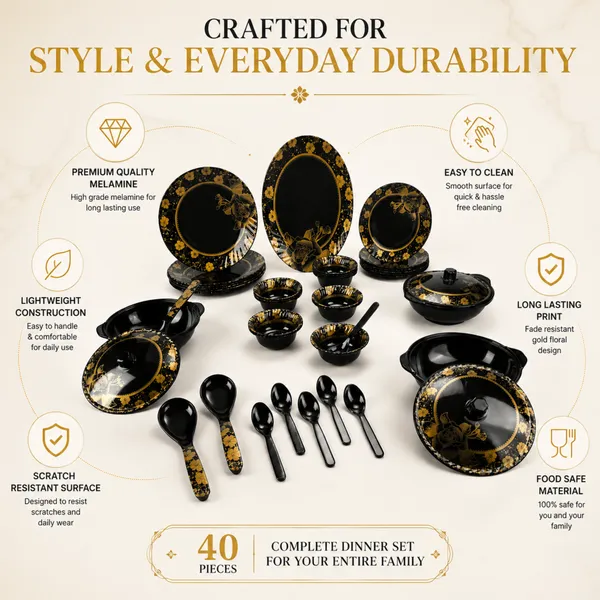 BS_Melamine_Celebration_B1_Dinner_Set_40_Pcs_Premium_Black_And_Gold_Floral_Design_Tableware_Set