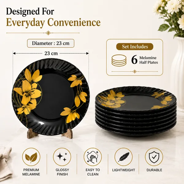 Celebrations_B2_Luxury_Melamine_Half_Plate_Set_(6_Pieces)_23_cm_Black_And_Gold_Floral_Dinnerware_Elegant_Designer_Snack_And_Dinner_Plates_Durable,_Glossy_Finish
